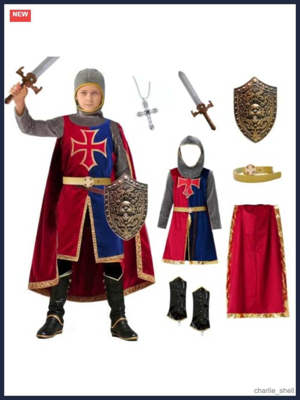 8 Pc Medieval Knight Costume Set Boys Girls Hood Tunic Cloak Shield Sword